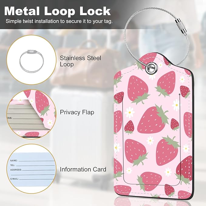 2Pack Luggage Tags for Suitcases, Cute Unique Pu Leather Cruise Luggage Tag with Privacy Cover ID Label Address Card and Metal Ring Suitable for Women Men Kids Travel Bag Pink Strawberry