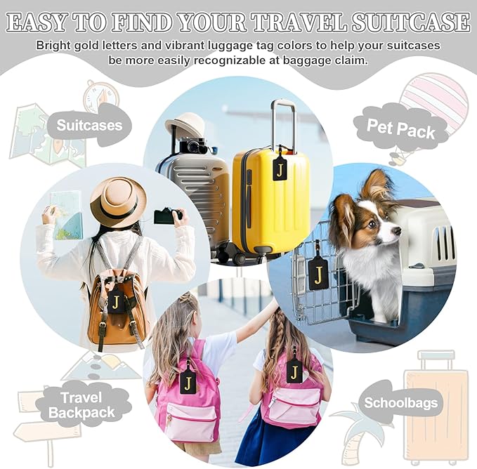 Personalized Initial Luggage Tags for Suitcase TSA Approved, Black Leather Cute Luggage Tag with Privacy Cover Name Card, Embroidered Custom Luggage Tags Travel Backpack Tags Gifts for Women Kids(J)