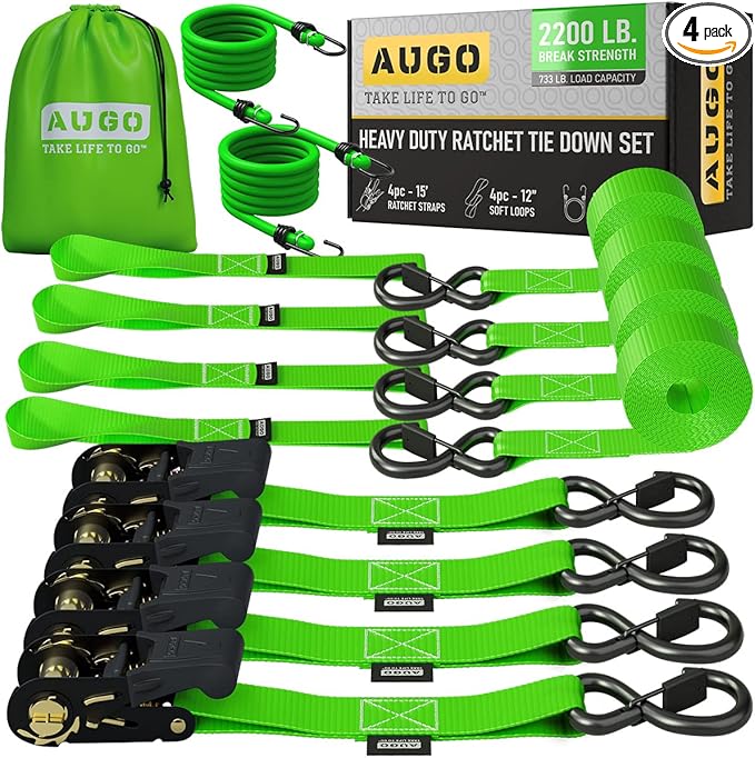 AUGO Ratchet Straps Heavy Duty 4 Pack -15 FT - 2200 LB Break Strength – with Safety Lock S Hooks - Cargo Straps for Moving, Appliances, Motorcycle – Soft Loop Tie Down Straps
