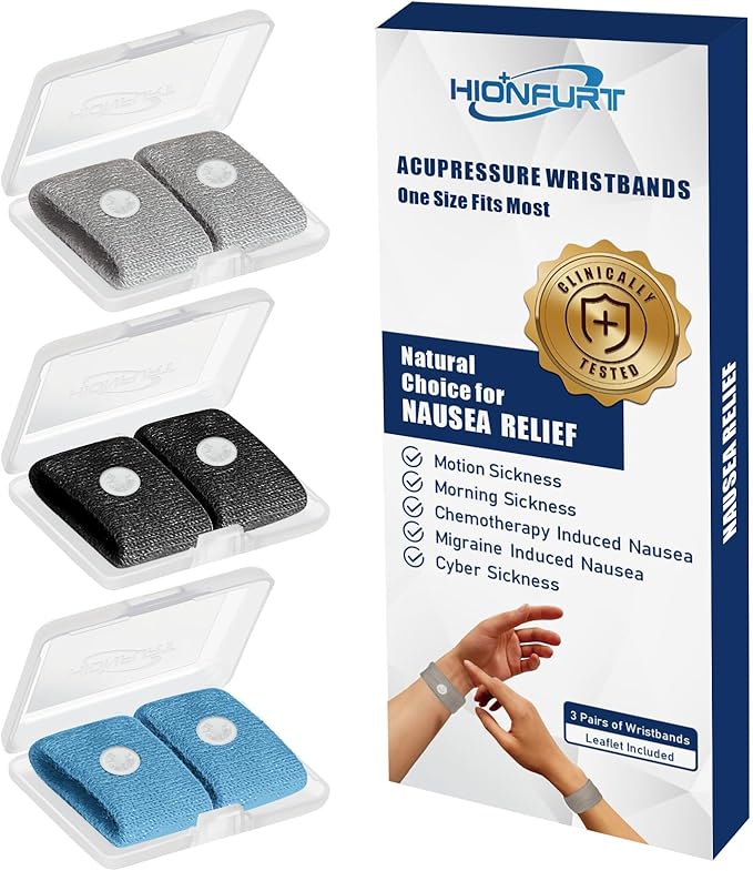 Motion Sickness Bands Anti Nausea Wristband for Adult and Kids Morning Sickness Relief for Pregnant Women Acupressure Nausea Relief for Car, Sea, Air Sickness - 3 Pairs Grey, Black, Blue