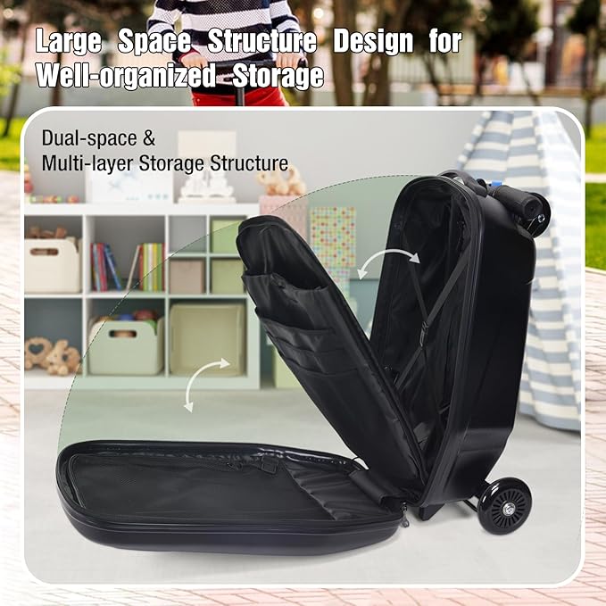 20" Scooter Suitcase for Kids, 2-in-1 Ride On Luggage with Wheels for Boys & Girls Ages 4-15, Foldable Hardshell Carry On Lightweight Travel Suitcase for Airplane