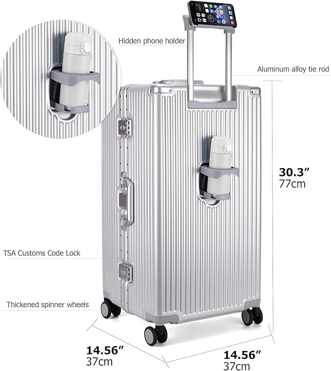 feilario 30in Super Large Captain Aluminum Frame Hardside Spinner Wheels Luggage, Zipperless Checked Suitcase with Cup Holder/Phone Holder