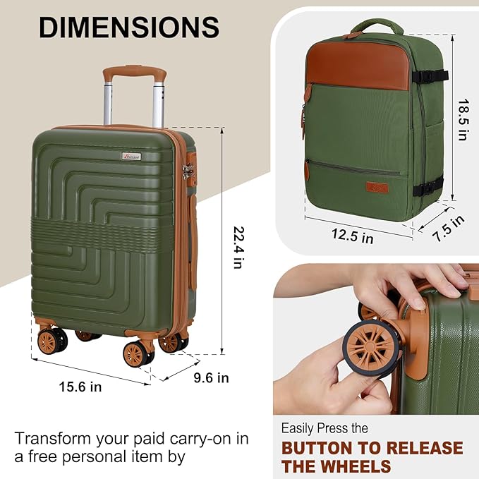 Romswi Luggage Sets 2 Piece22In, Expandable 22x14x9 Carry On Luggage with Travel Backpack, PC+ABS Hardside Suitcase Set with TSA Lock, Durable Carry On Suitcase with Spinner Wheels Green