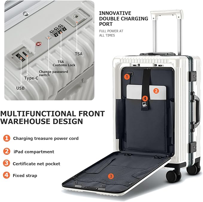 feilario 20in Aluminium Frame PC Hard Shell Spinner Wheels Luggage, Built-In TSA lock Carry on Suitcase, with Cup Holder, USB Port, Phone Holder ﻿
