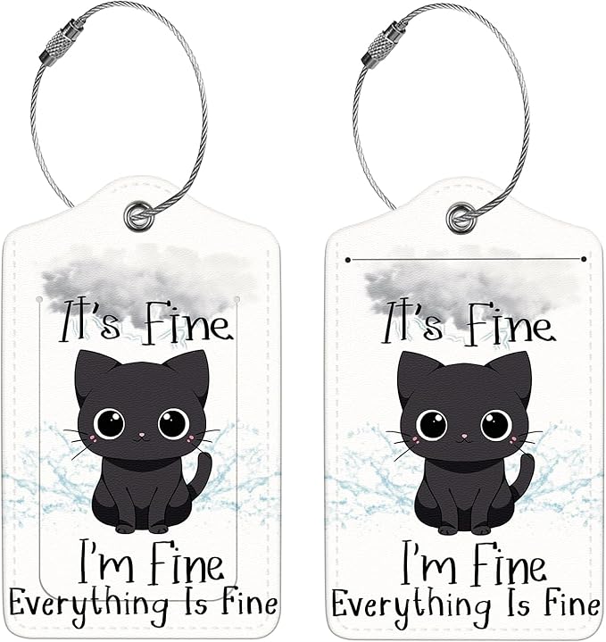 2 Pcs Luggage Tags for Suitcase, Cute Unique PU Leather Travel Bag Tag with Privacy Cover ID Label Address Card and Durable Metal Ring Suitable for Men Women Children Backpack,Cat Under A Dark Cloud