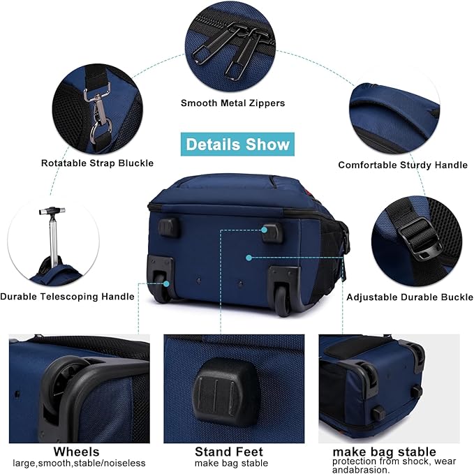 Rolling Backpack for Adults, 17inch Laptop Travel Backpack with Wheels Waterproof Roller Backpacks for Women Men Student Large College Business Suitcase Carry on Luggage Bag Wheeled Bookbag, Blue