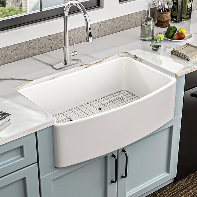 33 White Farm Sink - Fulorni 33"x20" Curved Apron Front Farmhouse Kitchen Sink Ceramic Porcelain Fireclay Single Bowl Farmer Style Basin