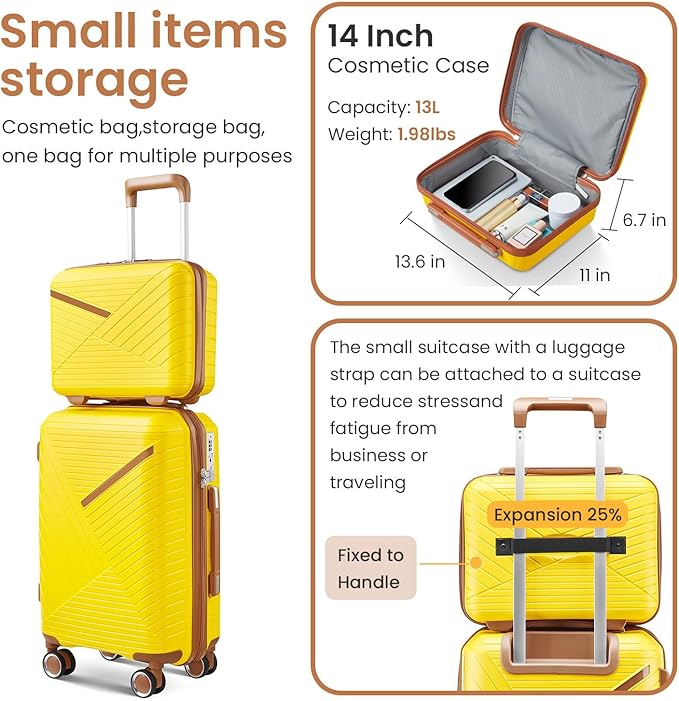 Campfun Luggage Sets 4 Piece, Expandable Carry On Luggage Set Hardshell PP, Suitcase Set with Double Spinner Wheels, Checked Durable Lightweight with TSA Lock, 14/20/24/28in, Yellow Brown(B)