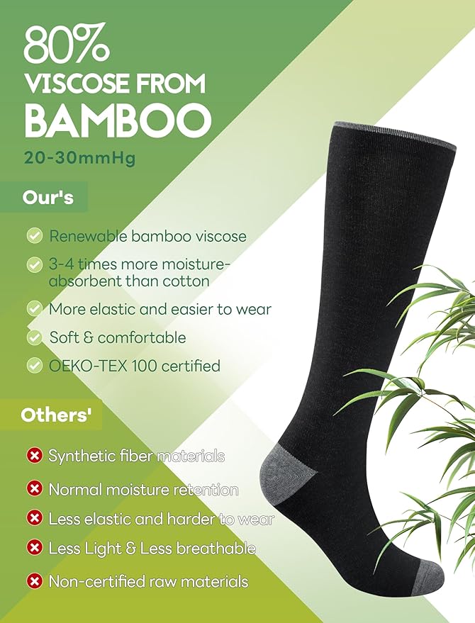 Bamboo Viscose Compression Socks for Women & Men (6 Pairs) 20-30 mmHg Knee High Support for Nurses Travel Pregnant