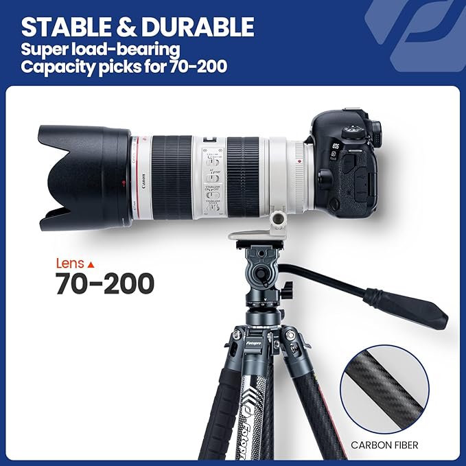 Fotopro Carbon Fiber Travel Tripod 2.2lbs Ultralight 64 Inch Portable Compact Travel Video Tripod for Camera DSLR Load up to 22lb X-Aircross 3 Lite Video Grey