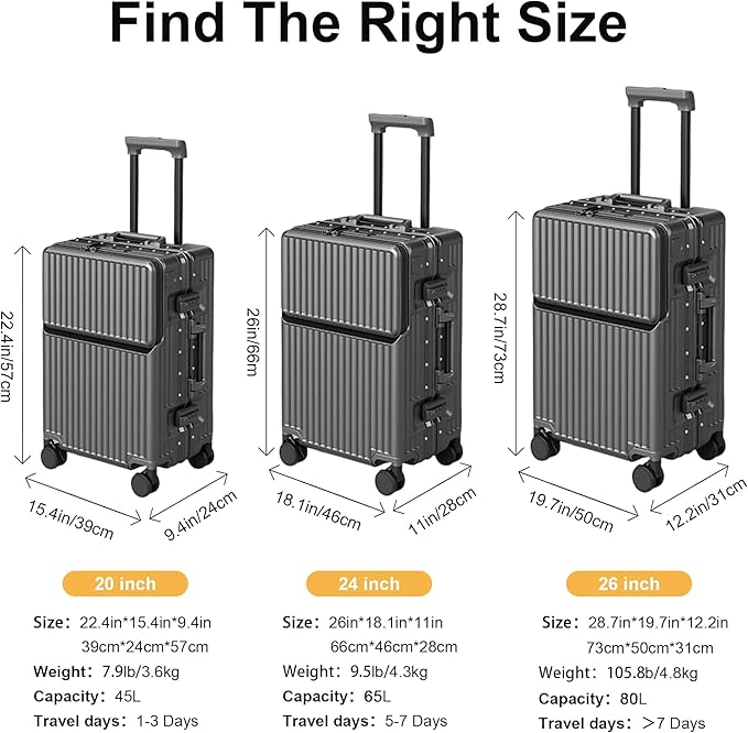 Zipperless Luggage, Polycarbonate Aluminum Hard Shell, Expandable Carry-On Suitcase with Spinner Wheels, Hard Shell Suitcase, 24 Inch Cabin