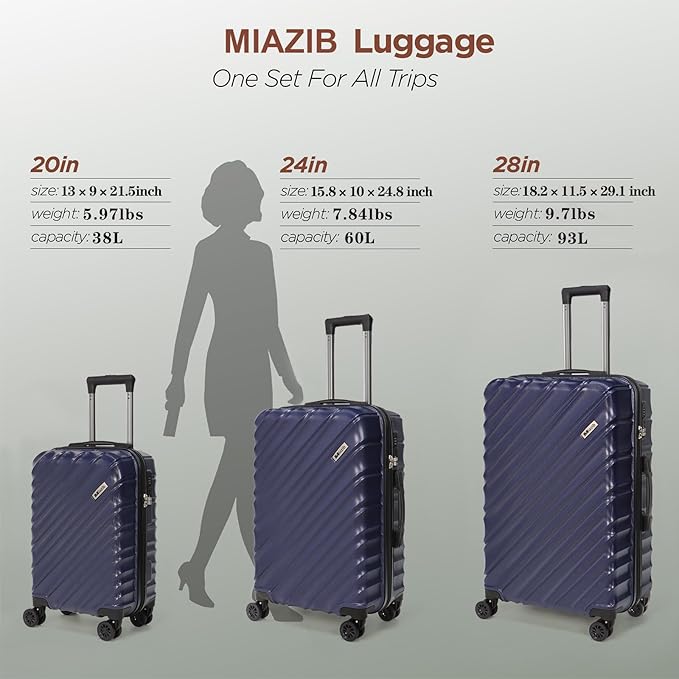 Luggage Sets Suitcases with Wheels Suitcase set Hardshell Luggage sets Clearance Luggage sets with TSA Lock 20/24/28 Inch Luggage Lightweight Suitcases with Wheels (Navy Blue)
