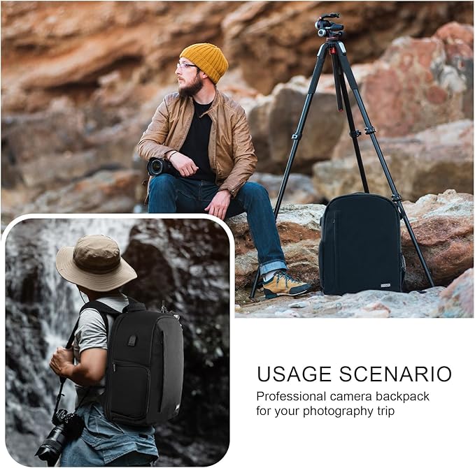 CADeN Camera Backpack Bag for DSLR/SLR Mirrorless Camera Waterproof with 15.6 inch Laptop Compartment, USB Charging Port, Tripod Holder, Rain Cover, Camera Case Compatible for Sony Canon Nikon Black L