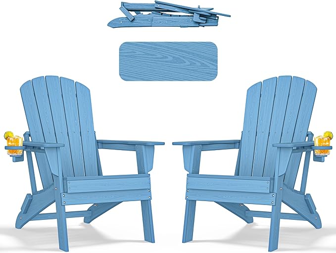 Folding Adirondack Chair with Cup Holder Set of 2,All-Weather Adirondack Chair,Patio Chair,HDPE-Wooden Textured Lawn Chair- Light Blue
