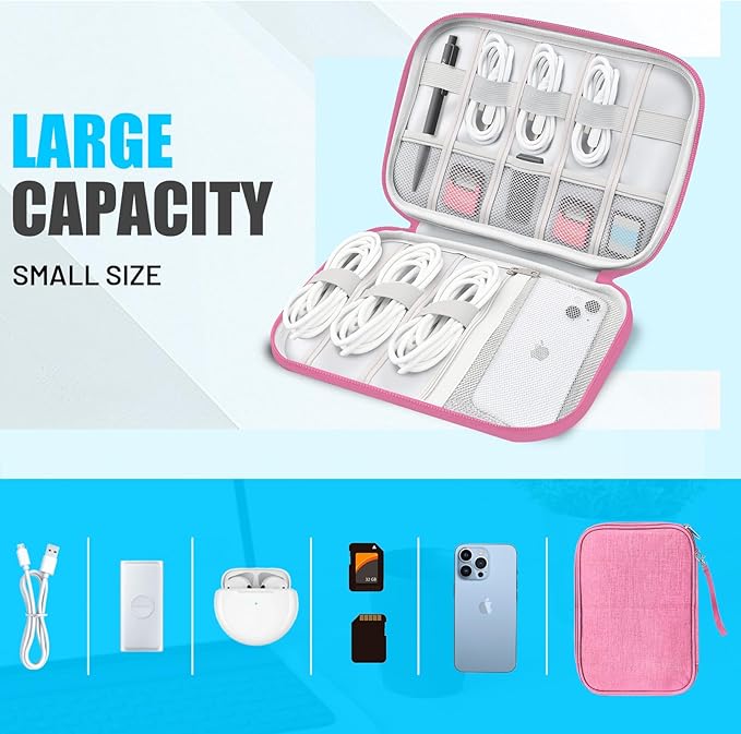 Travel Cable Organizer Bag, Electronics Organizer Tech Pouch with Double Layers for Cords, Chargers, Phone, Earphones, USBs, SD Cards - Travel Essentials Portable Waterproof Tech Pouch