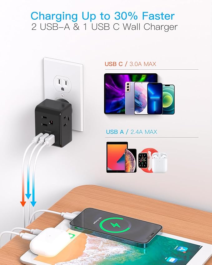 Multi Plug Outlet Extender, Power Strip Non Surge Protector Electric Outlet Splitter with 3 USB Wall Charger (1 USB C), Multiple Outlet Expander for Cruise, Dorm, Travel, Home, Black
