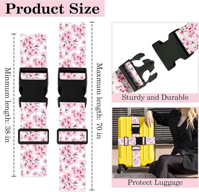 Luggage Straps for Suitcases TSA Approved, Luggage Identifiers for Suitcase, Adjustable Suitcase Strap for Baggage Security with Cute Patten, Travel Necessary Accessories (Peach Blossom)
