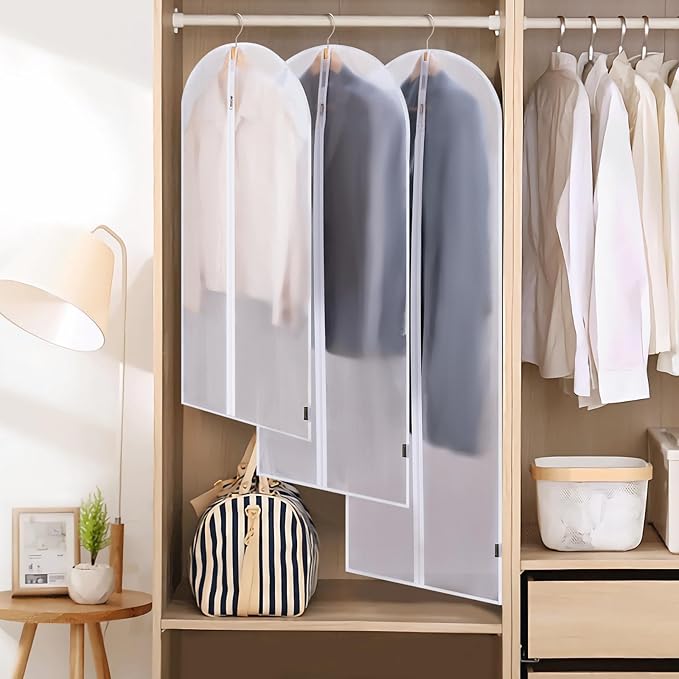 BALEINE 48'' Translucent Garment Bags, 12 Packs PEVA Dress Bag for Closet Clothes Dresses Suit Coats Storage (White, 12PK)