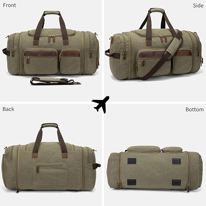 Mens Duffle Bag for Travel 60L Expandable Canvas Weekender Overnight Travel Duffel Bag with Shoe Compartment Carry-On for Airplanes Army Green
