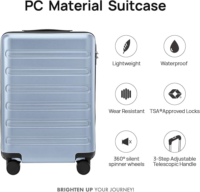 Carry on Luggage 22 X 14 X 9 Airline Approved, 20 Inch Luggage for 3-5 Days Travel, Double Spinner Wheels, 100% Hardshell PC, TSA Lock (09-Blue, Checked 24-Inch)