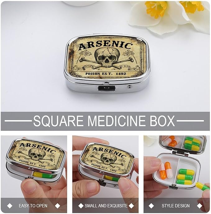 Metal 2 Compartment Pill Organizer Travel Friendly Portable Compact Pill Box Cute Pill Case to Hold Vitamins,Fish Oil,Supplements,Meds,Tablet for Purse,Pocket. (Vintage Skeleton)