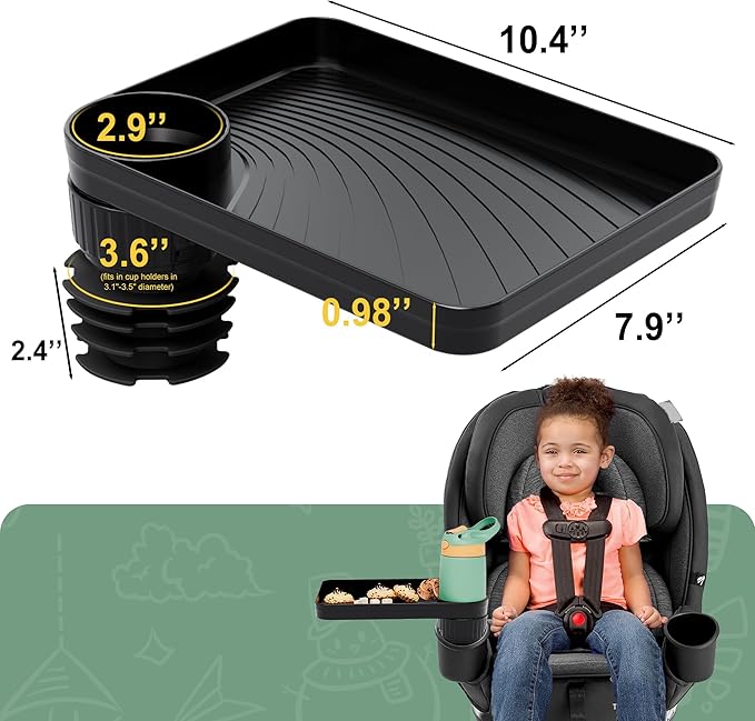 Upgraded Car Seat Tray for Kids Car Seat Tray with Expandable Base for Snacks, Toys, Books, Entertainment Kids Travel Essentials Fits 3.1''-3.5'' Cup Holders (1, Large Base)