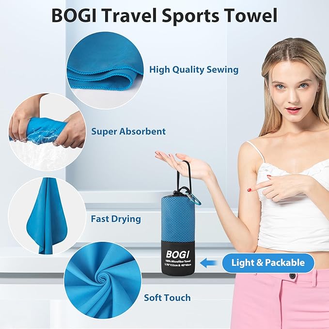 BOGI Microfiber Travel Sports Towel-Quick Dry Towel, Soft Lightweight Microfiber Camping Towel Absorbent Compact Travel Towel for Camping Gym Beach Yoga Swimming Backpacking (S:16''x32'',2Pcs-Blue)