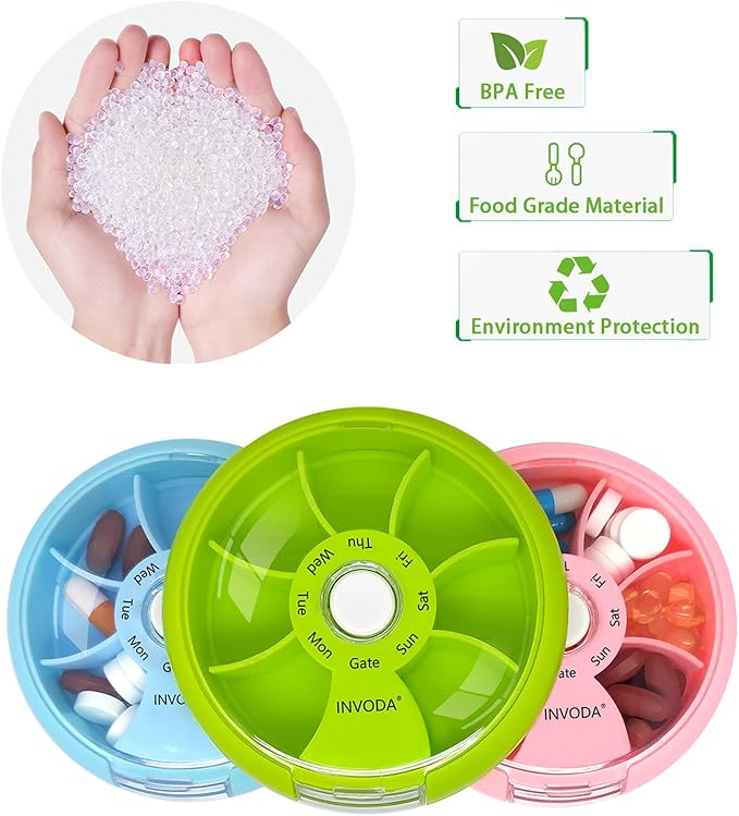 INVODA Weekly Pill Organizer 7 Compartment Rotating Pill Box for Daily Medication & Vitamins - Portable Travel Pill Case Fish Oil Supplements Vitamins Organizer (Pink+Sky Blue+Green)