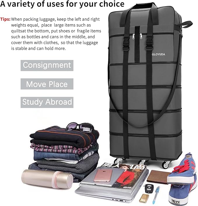 Expandable Foldable Luggage, 42'' Suitcase With Spinner Wheels, Rolling Duffle Bag with Wheels and Handle, Collapsible Luggage, With 2 Handle Wrap and 2 Fixing Straps, 1 Shoulder Strap (Grey)