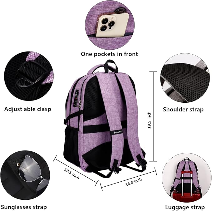 SHRRADOO Anti Theft Laptop Backpack Travel Backpacks with usb Charging Port for Women Men High School College Backpack Computer Bag Fits 17 Inch Laptop,Purple
