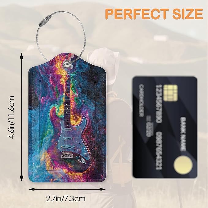 Electric Guitar Neon 3 PCS PU Leather Luggage Tags for Suitcase, Color Burst Guitar Luggage Tag with Privacy Flap, Name ID Label and Metal Loop for Women Men Baggage Handbag School Bag Backpack