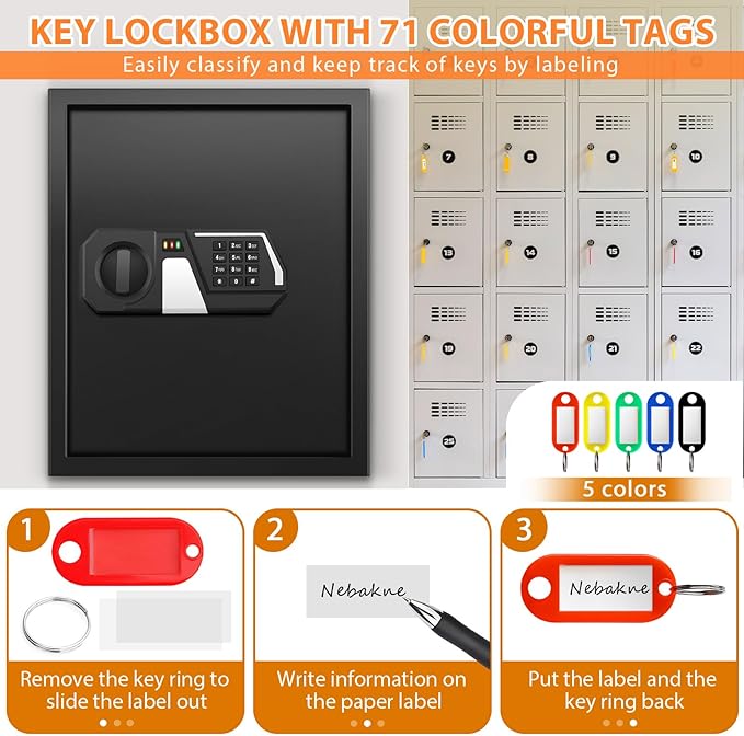 71 Keys Fireproof Key Lock Box, Anti-Theft Key Box Wall Mount with Adjustable Hook Plates, Key Tags and Side Opening, Key Safe Key Cabinet Key Organizer for Home Office Garage Rental Business