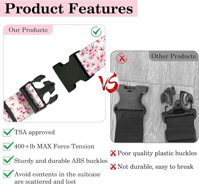 Luggage Straps for Suitcases TSA Approved, Luggage Identifiers for Suitcase, Adjustable Suitcase Strap for Baggage Security with Cute Patten, Travel Necessary Accessories (Peach Blossom)