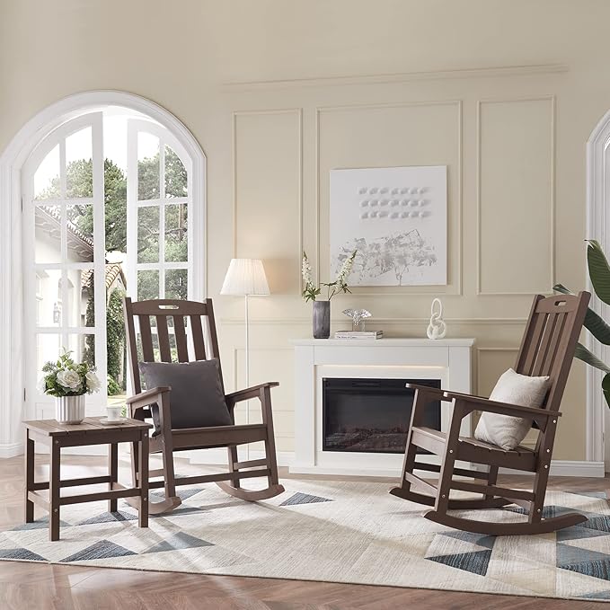 Psilvam Oversized Outdoor Rocking Chair, with 21" Wide Seat and 32" Tall Backrest, Pre-Assembled with Most Components for Effortless Installation (Brown)