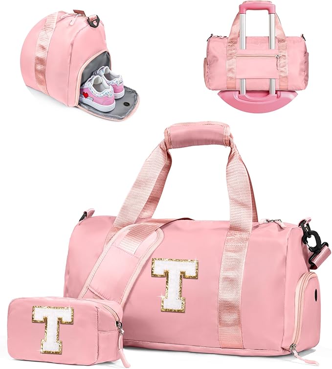 Easter Gifts for Teens Girls-Girl Gym Bag with Shoe Compartment, Kid Personalized Weekender Overnight Bags, Initial Travel Tote with Makeup Pouch, Gift for 3 4 5 6 7 Year Old Kids (Letter T)