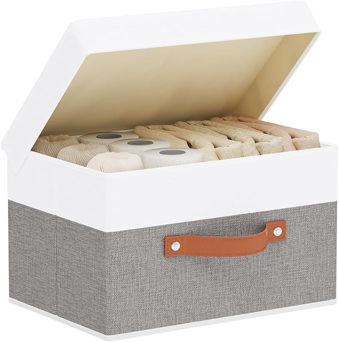 Fabric Storage Boxes with Lids, Linen Foldable Cloth Baskets, Closet Organizer Containers with Double Handles, Sweater Bins for Bedroom, White and Grey, 1 Pack, 13 x 9.1 x 7.9 Inch