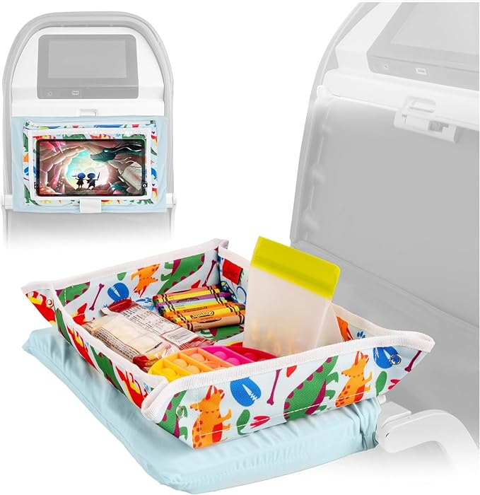 Lusso Gear Kids Airplane Tray Cover with Pockets - Airplane Essentials for Toddlers - Kids Travel Tray for Plane or Train - Organize Toys, Snacks - Tablet Holder - Flying Must Have (Dinos)