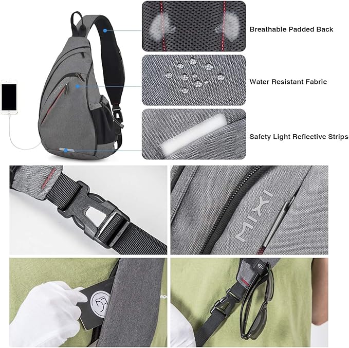 mixi Sling Bag Men Backpack Unisex One Shoulder Bag Hiking Travel Backpack Crossbody with USB Port for Men Women Versatile Casual Daypack-17 inch,Gery
