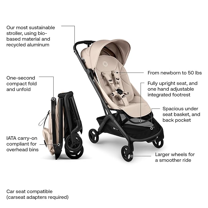 Bugaboo Butterfly 2 Travel Stroller, Ultra-Compact One-Second Fold, Lightweight and Airplane-Friendly (Taupe)