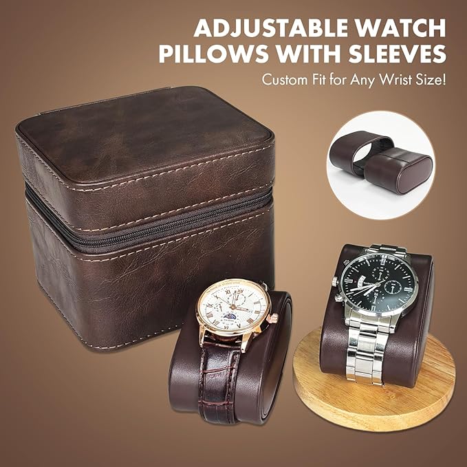 TSA-Friendly 2 Slot Watch Travel Case for Men, (Fits 7-8" Wrists) Carry-On Ready with Removable Pillows & Airplane Protection, Leather Jewelry Organizer for Wristwatches, Rings, Cufflinks (Brown)