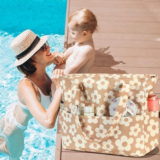 LEDAOU Large Beach Tote Bag Women Waterproof Sandproof Zipper Beach Tote Bag for Pool Gym Grocery Travel with Wet Pocket