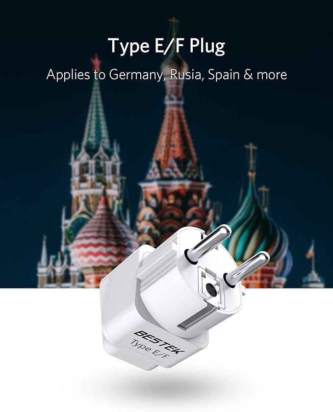 BESTEK Europe Travel Plug Adapter, Grounded Universal Type E/F Plug Adapter EU to US Adapter - Ultra Compact for Most of Europe, Asia Countries and More, 3 Pack