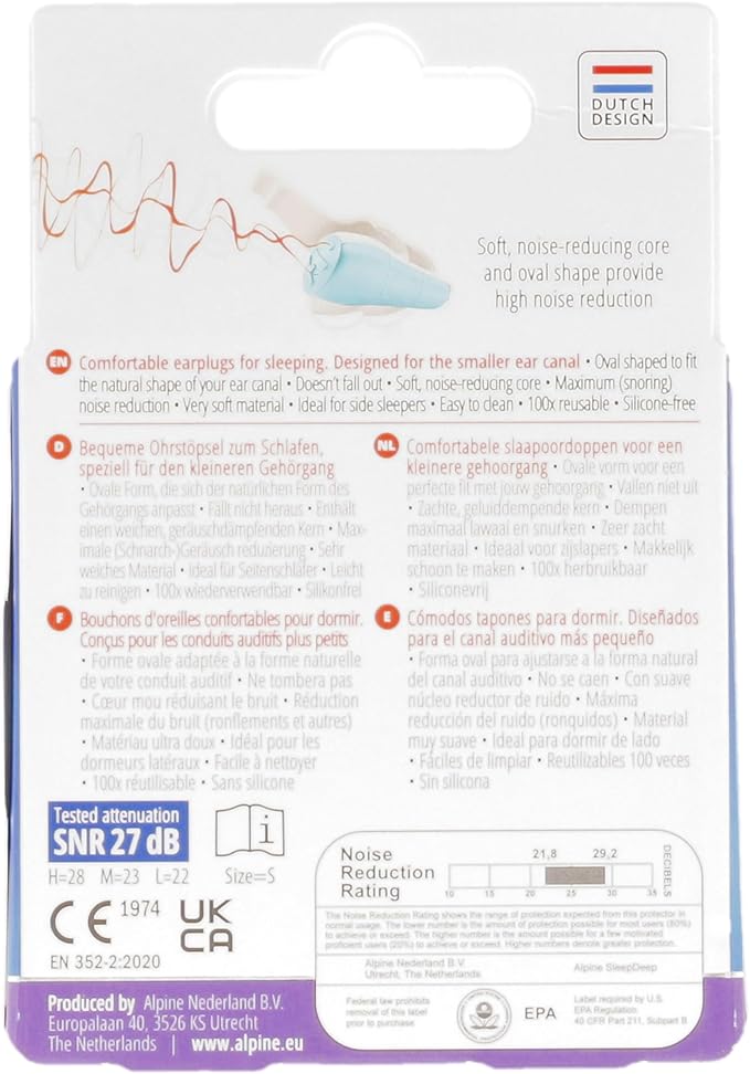 Alpine SleepDeep Mini - Soft Ear Plugs for Sleeping and Concentration - New 3D Oval Shape and Noise Reducing Gel for Better Attenuation - 27dB - Ideal for Side Sleeper - 1-Pair Reusable: S
