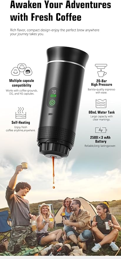 Portable Electric Coffee Maker, Digital Display, Compatible with Coffee Pods,Rechargeable Coffee Machine for Travel, Camping, RV,Home,Office (white)