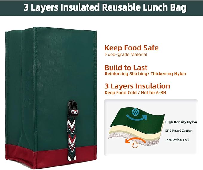SUNNY BIRD Insulated Lunch Bag Rolltop Lunch Box Tote Bag for Women, Men, Adults and Teens (Green with Boho strap)