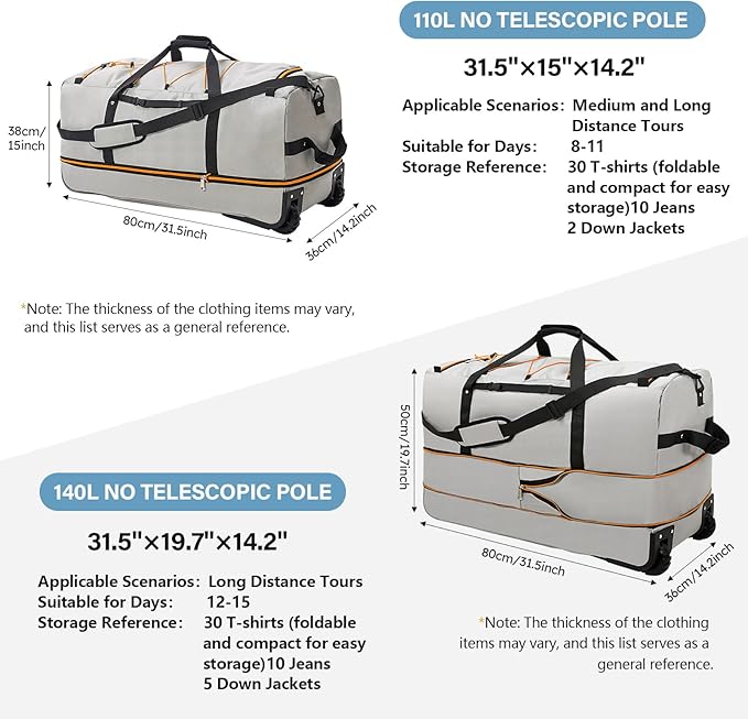 Rolling Duffle Bag with Wheels,110L/140L Expandable Soft-Sided Foldable Duffle Bag with 2 Rubber Wheels,Packable 32” Rolling Carry-On with Multi-Pockets & Compartments (Grey)