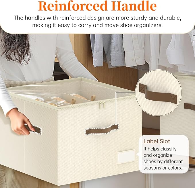 Shoe Organizer for Closet, Foldable Shoe Storage Containers, Fits up to 16 Pairs, Large Shoe Storage Organizer Box Cubby Baskets Bins with Clear Cover and Reinforced Handles, Beige