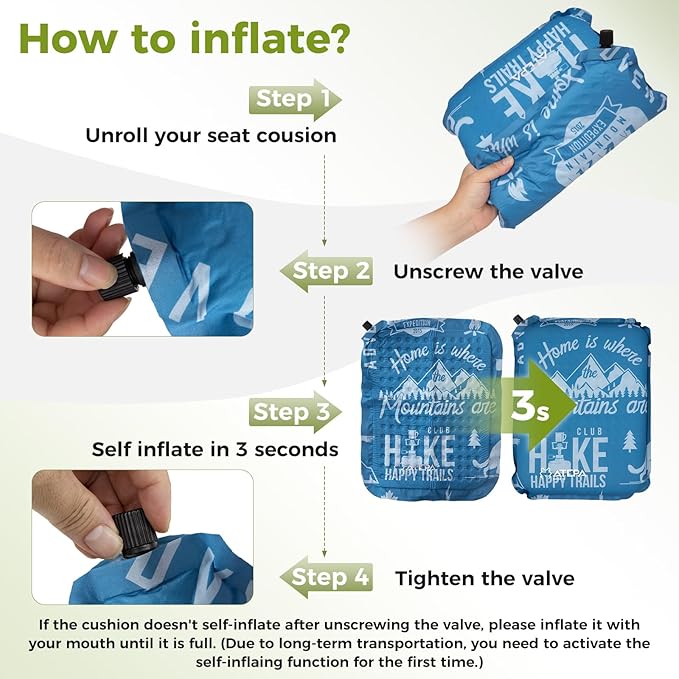 ATEPA Inflatable Stadium Seat Cushion, Self-Inflating Memory Foam Stadium Seats Bleacher Seat Chair Cushion Pad for Airplane Travel Backpacking Sports Events