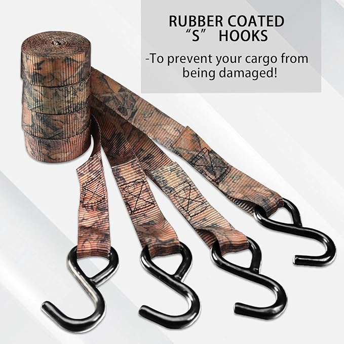 XSTRAP STANDARD Ratchet Tie Down Straps - 8PK - 1'' x 10 ft - 900 LB Break Strength Cargo Straps for Moving Appliances, Lawn Equipment, Motorcycle (Camouflage2)