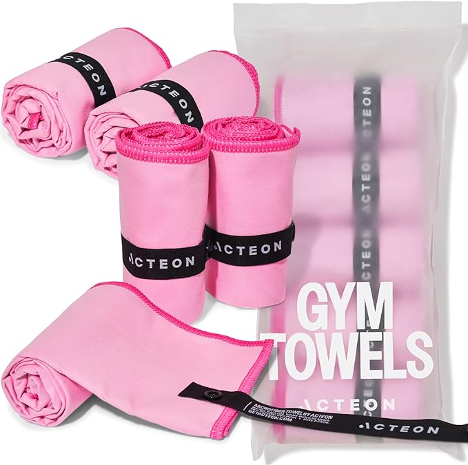 Acteon Microfiber Quick Dry Gym Towels, Silver ION Odor-Free Super Absorbent Pink Towels, Pink Towel Set, Womens Workout Accessories for Body Sweat Yoga Tennis